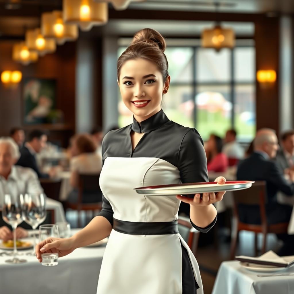 A realistic portrayal of a female waiter in a bustling restaurant setting