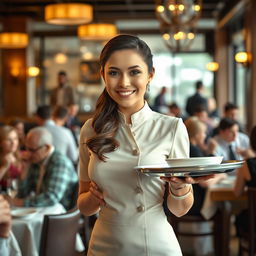 A realistic portrayal of a female waiter in a bustling restaurant setting