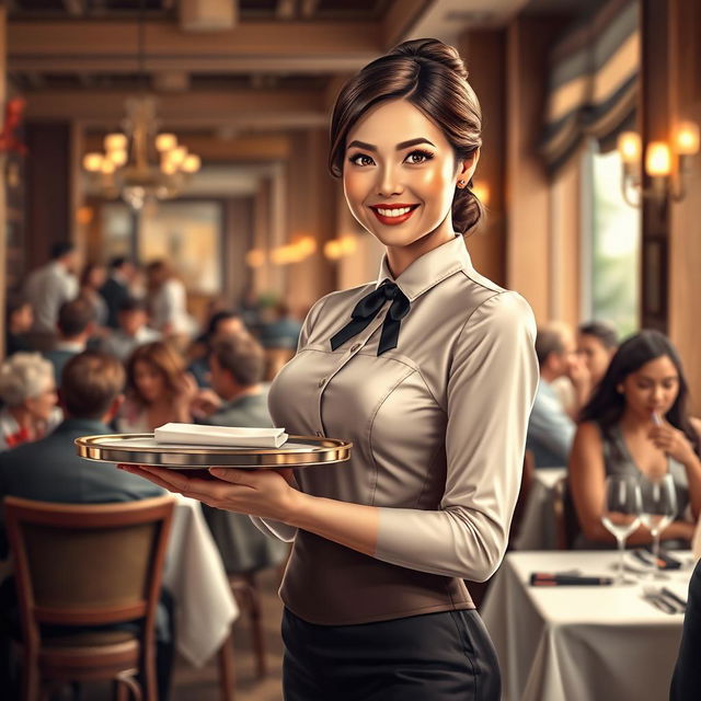 A realistic portrayal of a female waiter in a bustling restaurant setting