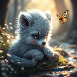 A cute and mythical baby Fenrir nestled in a forest clearing bathed in soft morning sunlight