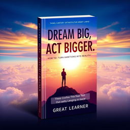 A captivating book cover design illustrating the theme "Dream Big, Act Bigger: How to Turn Ambitions into Reality!" by Great Learner