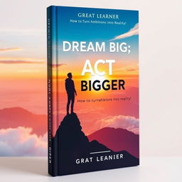 A captivating book cover design illustrating the theme "Dream Big, Act Bigger: How to Turn Ambitions into Reality!" by Great Learner