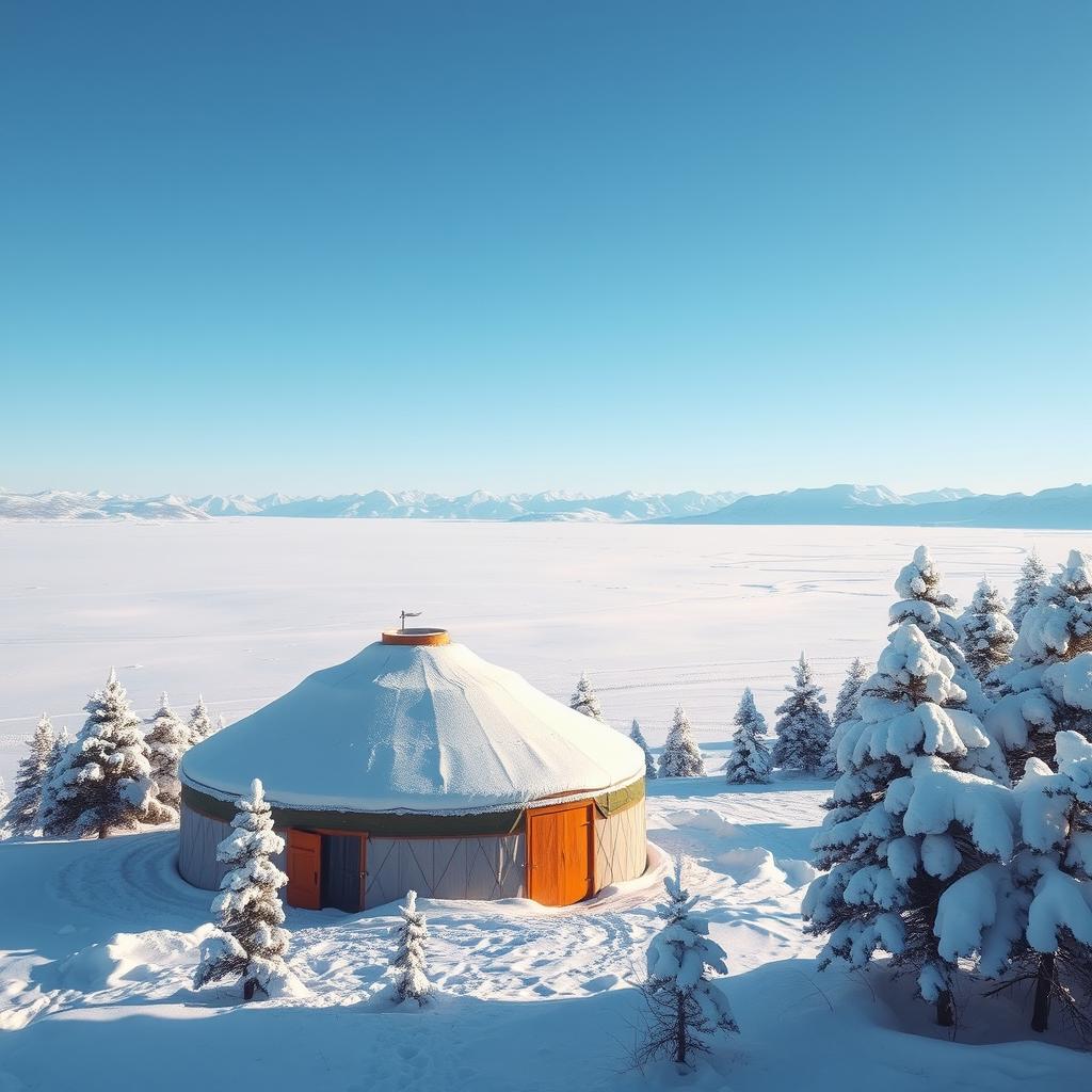 A picturesque winter landscape in Siberia, showcasing vast snow-covered plains stretching into the horizon with distant icy mountains creating a majestic backdrop