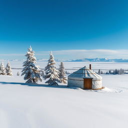 A picturesque winter landscape in Siberia, showcasing vast snow-covered plains stretching into the horizon with distant icy mountains creating a majestic backdrop