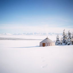 A picturesque winter landscape in Siberia, showcasing vast snow-covered plains stretching into the horizon with distant icy mountains creating a majestic backdrop