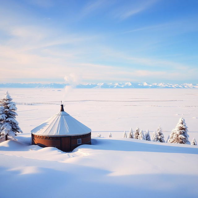 A picturesque winter landscape in Siberia, showcasing vast snow-covered plains stretching into the horizon with distant icy mountains creating a majestic backdrop