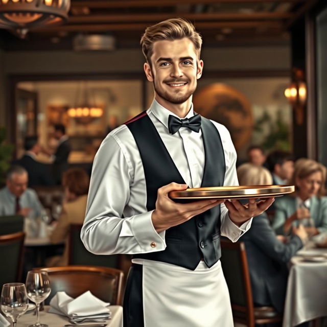 A realistic portrayal of a waiter in a bustling restaurant setting