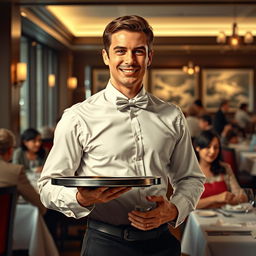 A realistic portrayal of a waiter in a bustling restaurant setting