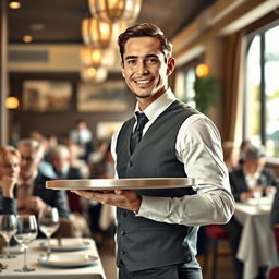 A realistic portrayal of a waiter in a bustling restaurant setting