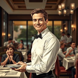 A realistic portrayal of a waiter in a bustling restaurant setting