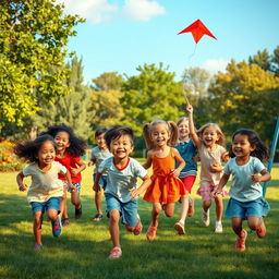 A realistic and heartwarming scene of children playing together in a park