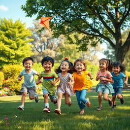 A realistic and heartwarming scene of children playing together in a park