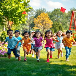 A realistic and heartwarming scene of children playing together in a park