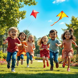 A realistic and heartwarming scene of children playing together in a park