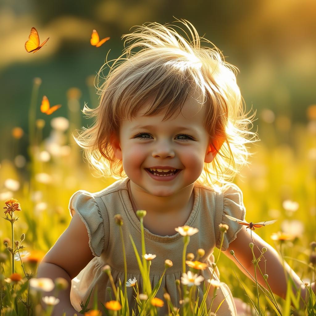 A realistic portrait of a child playing in a sunlit meadow