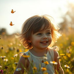 A realistic portrait of a child playing in a sunlit meadow