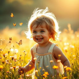 A realistic portrait of a child playing in a sunlit meadow