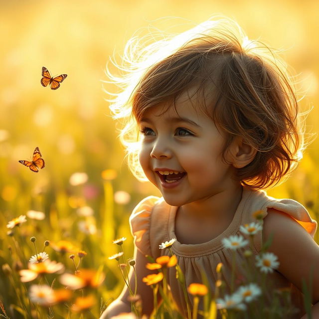 A realistic portrait of a child playing in a sunlit meadow