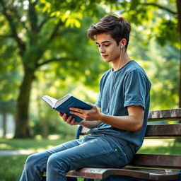 A realistic portrait of a teenager sitting on a park bench, absorbed in reading a book