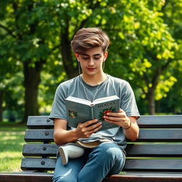 A realistic portrait of a teenager sitting on a park bench, absorbed in reading a book