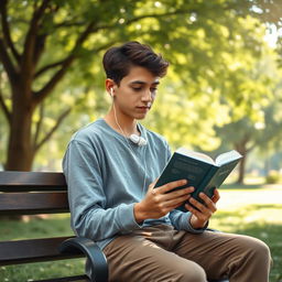 A realistic portrait of a teenager sitting on a park bench, absorbed in reading a book