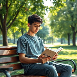 A realistic portrait of a teenager sitting on a park bench, absorbed in reading a book