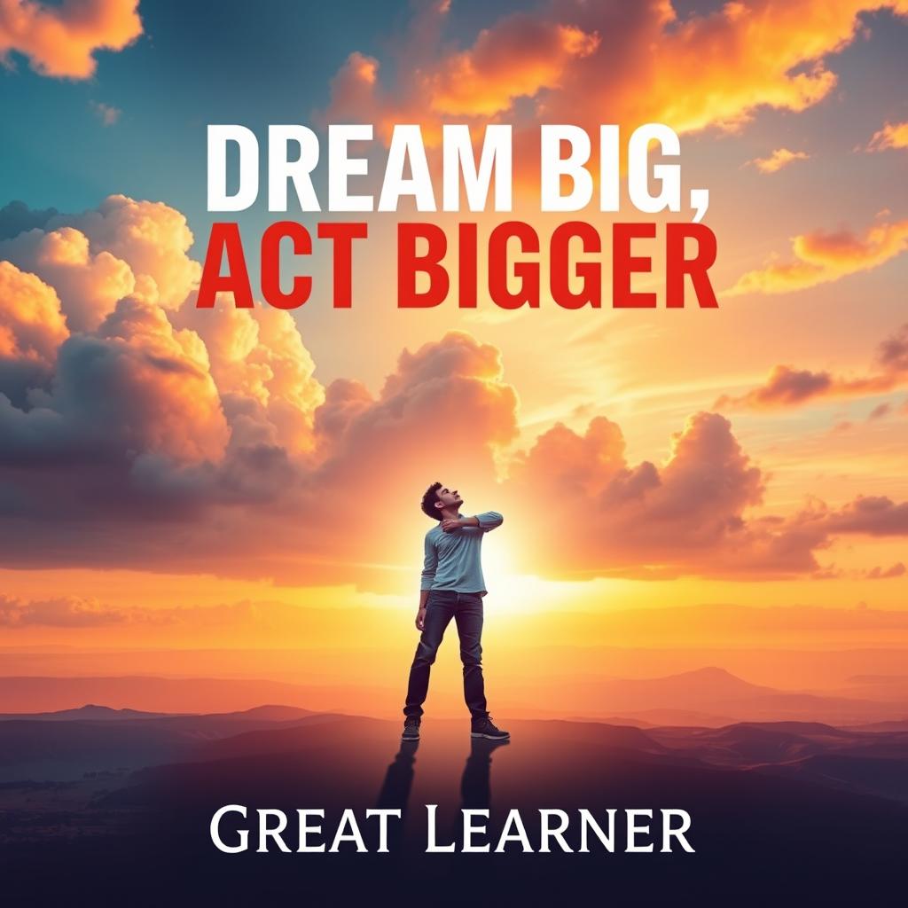 A captivating front-facing book cover design for "Dream Big, Act Bigger" by Great Learner