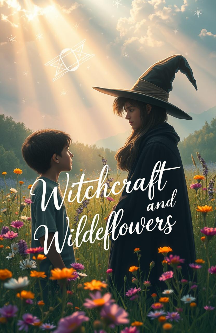 A mystical scene capturing a teenage male witch in a lush meadowscape filled with vibrant wildflowers