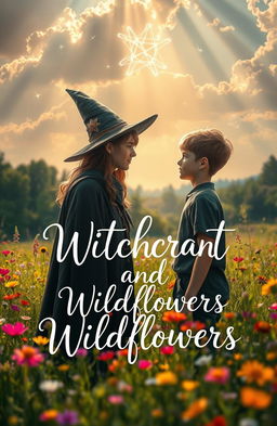 A mystical scene capturing a teenage male witch in a lush meadowscape filled with vibrant wildflowers