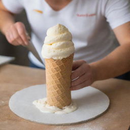 A person skillfully sculpting a cone of ice cream