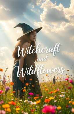 A mystical scene capturing a teenage male witch in a lush meadowscape filled with vibrant wildflowers