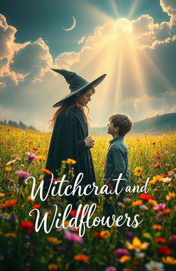 A mystical scene capturing a teenage male witch in a lush meadowscape filled with vibrant wildflowers