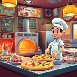 A still scene from the game 'Good Pizza, Great Pizza', showcasing the bustling pizzeria environment with a pizza chef preparing a delicious pizza