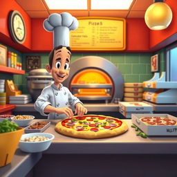 A still scene from the game 'Good Pizza, Great Pizza', showcasing the bustling pizzeria environment with a pizza chef preparing a delicious pizza