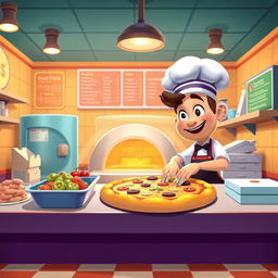 A still scene from the game 'Good Pizza, Great Pizza', showcasing the bustling pizzeria environment with a pizza chef preparing a delicious pizza