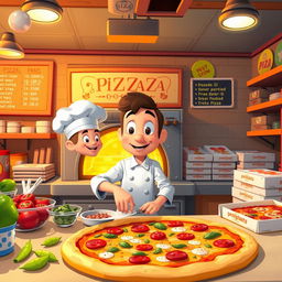 A still scene from the game 'Good Pizza, Great Pizza', showcasing the bustling pizzeria environment with a pizza chef preparing a delicious pizza