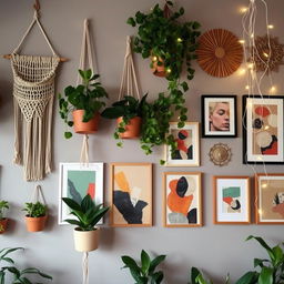 A beautifully decorated wall showcasing a modern bohemian style