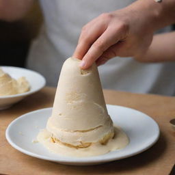 A person skillfully sculpting a cone of ice cream