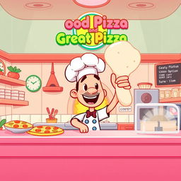 A cartoon-style thumbnail for a gameplay video of the game 'Good Pizza, Great Pizza' with a light pink filter overlay