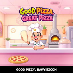 A cartoon-style thumbnail for a gameplay video of the game 'Good Pizza, Great Pizza' with a light pink filter overlay