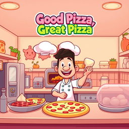 A cartoon-style thumbnail for a gameplay video of the game 'Good Pizza, Great Pizza' with a light pink filter overlay