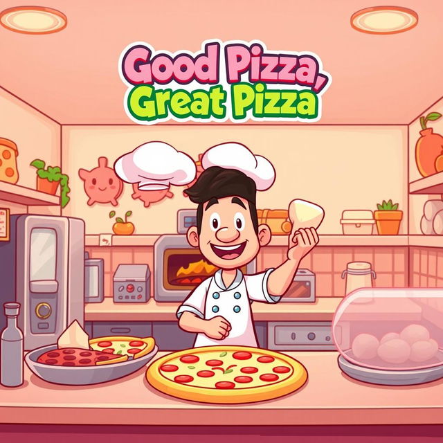 A cartoon-style thumbnail for a gameplay video of the game 'Good Pizza, Great Pizza' with a light pink filter overlay