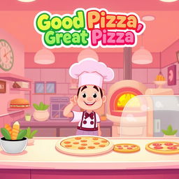 A cartoon-style thumbnail for a gameplay video of the game 'Good Pizza, Great Pizza' with a light pink filter overlay