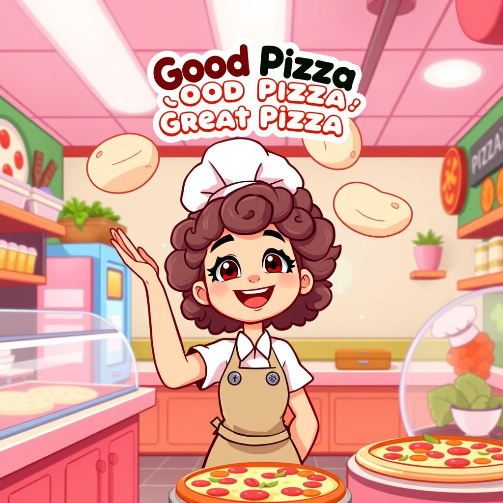 A cartoon-style thumbnail for a gameplay video of the game 'Good Pizza, Great Pizza' featuring a girl with curly hair as the chef