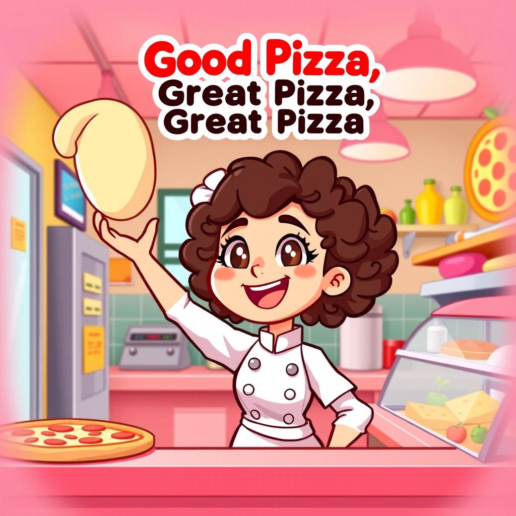 A cartoon-style thumbnail for a gameplay video of the game 'Good Pizza, Great Pizza' featuring a girl with curly hair as the chef