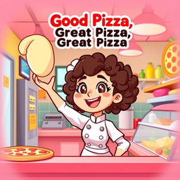 A cartoon-style thumbnail for a gameplay video of the game 'Good Pizza, Great Pizza' featuring a girl with curly hair as the chef