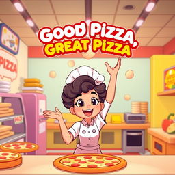 A cartoon-style thumbnail for a gameplay video of the game 'Good Pizza, Great Pizza' featuring a girl with curly hair as the chef