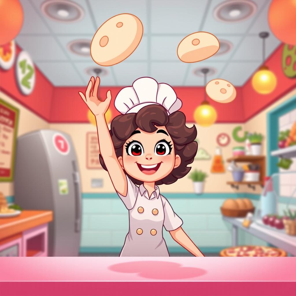 A cartoon-style thumbnail for a gameplay video of the game 'Good Pizza, Great Pizza' featuring a girl with curly hair as the chef