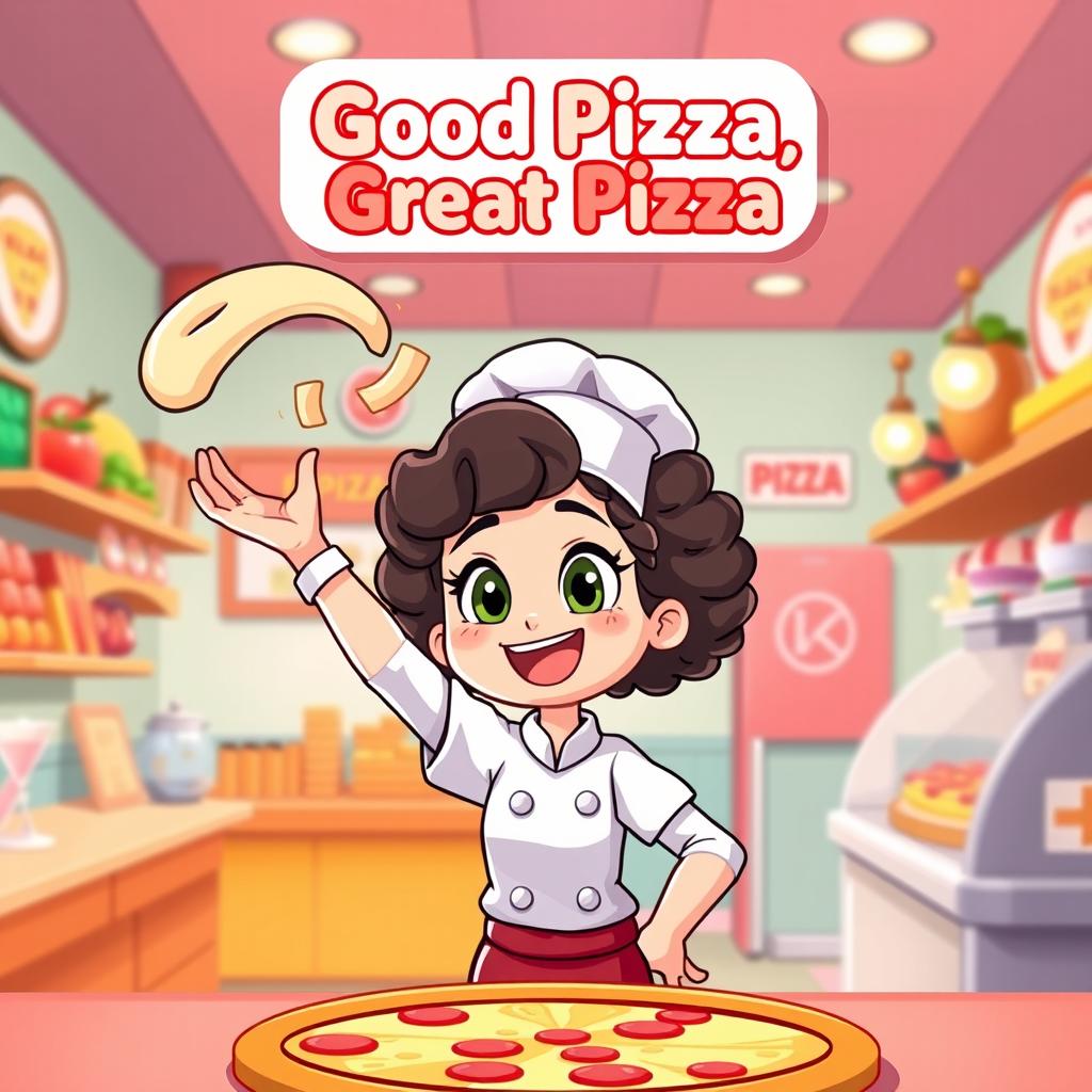 A cartoon-style thumbnail for a gameplay video of the game 'Good Pizza, Great Pizza' featuring a girl with curly hair as the chef