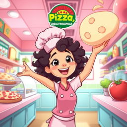 A cartoon-style thumbnail for a gameplay video of the game 'Good Pizza, Great Pizza' featuring a girl with curly hair as the chef